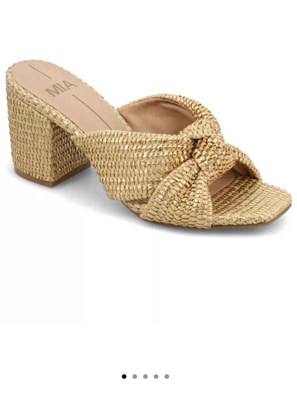 MIA Metallic Gold Knotted Raffia Block Heel Mule